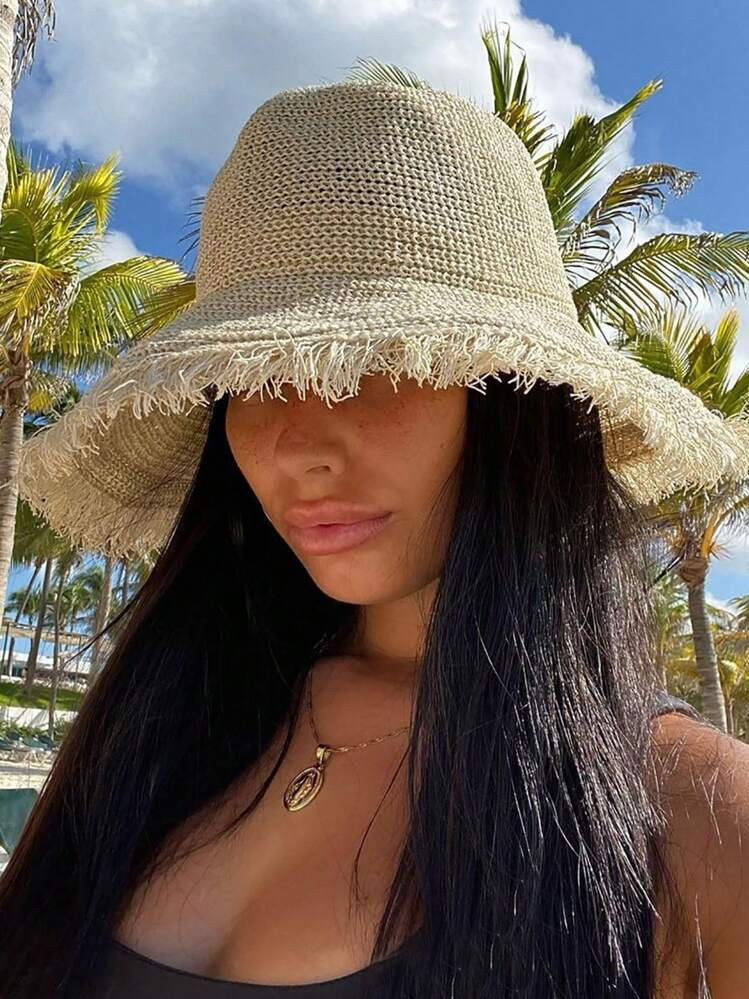 1pc Women's Straw Hat, Large Brim Sun Protection Hat, Beach, Vacation, Spring/Summer | SHEIN