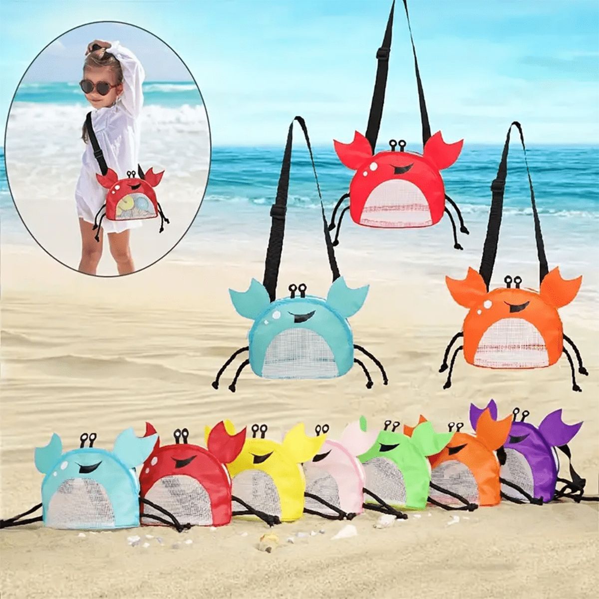 Children's beach bag, crossbody bag,Beach Toys Mesh Bag Large Crab Children's Shell Collection To... | SHEIN