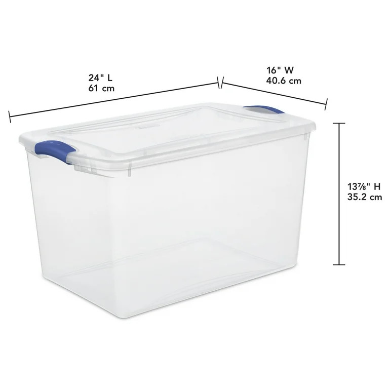 Sterilite Large Storage Bin, 66 Quart Clear Plastic Storage Container with Latch Lid, Blue Latch | Walmart (US)