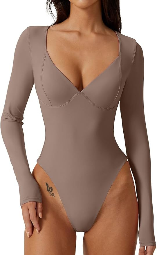 QINSEN Women's Long Sleeve Bodysuit V Neck Body Suits Seamed Cup Going Out Tops Shirt | Amazon (US)