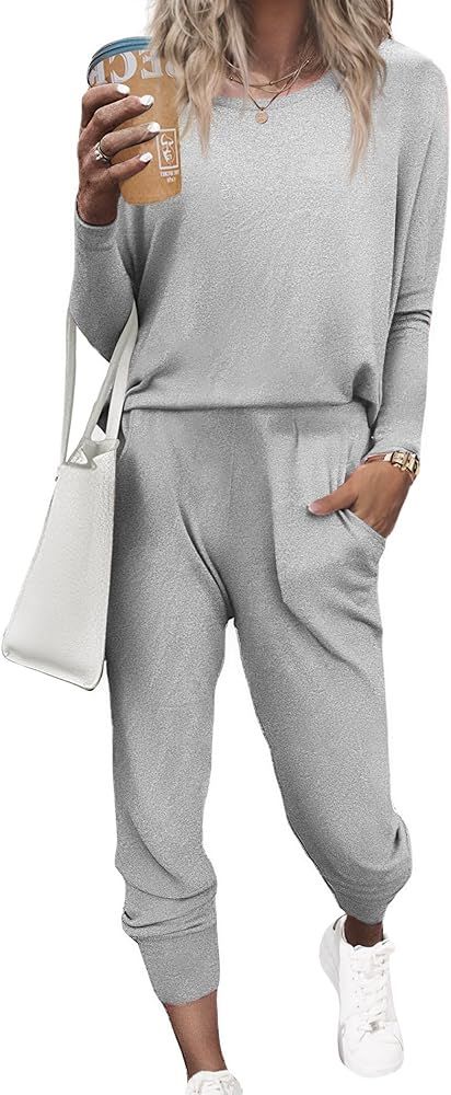 Women's Pajama Sets Casual 2Pcs Lounge Sets Long Sleeve Pullover Tops Long Joggers Pants with Poc... | Amazon (US)