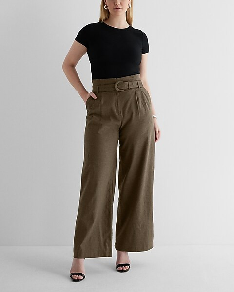 Super High Waisted Linen-Blend Belted Paperbag Wide Leg Pant | Express