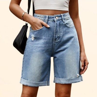 Clearlove Bermuda Denim Shorts 2026 Trendy Cuff Jean Shorts High Rise Straight Leg Ripped Denim Shorts 9" Inseam Shorts, Light Blue - Small | Target
