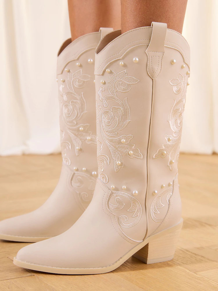 Lipsy White Bridal Pearl Embellished Mid Calf Western Boots | Next US