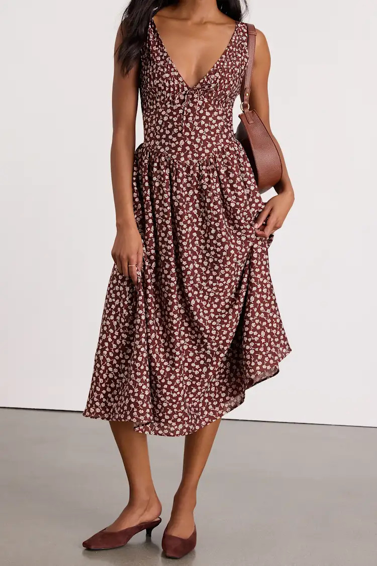 Janella Brown Floral Basque Waist Midi Dress | Lulus