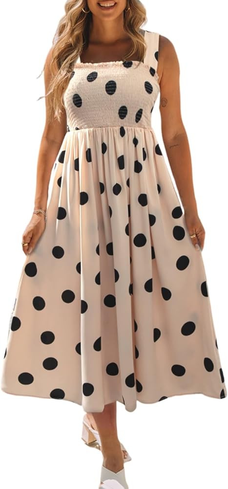 Urchics Womens Summer Oatmeal Polka Dot Smocked Fit Flared Sleeveless Long Dress | Amazon (US)