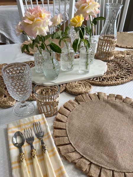 Home🌸🍋

A little dining room home inspo

I adore these cute assortment  of vace s perfect for  centerpieces, gifts etc

Marble serving board  Anthropology 
Great to serve cheese on and cute as a centerpiece 

Beaded water goblets Amazon find 

Burlap place mats w/ruffle

Pearl handle silverware 

Cane wrap on glassware
And carafe

#LTKHome #LTKStyleTip #LTKParties