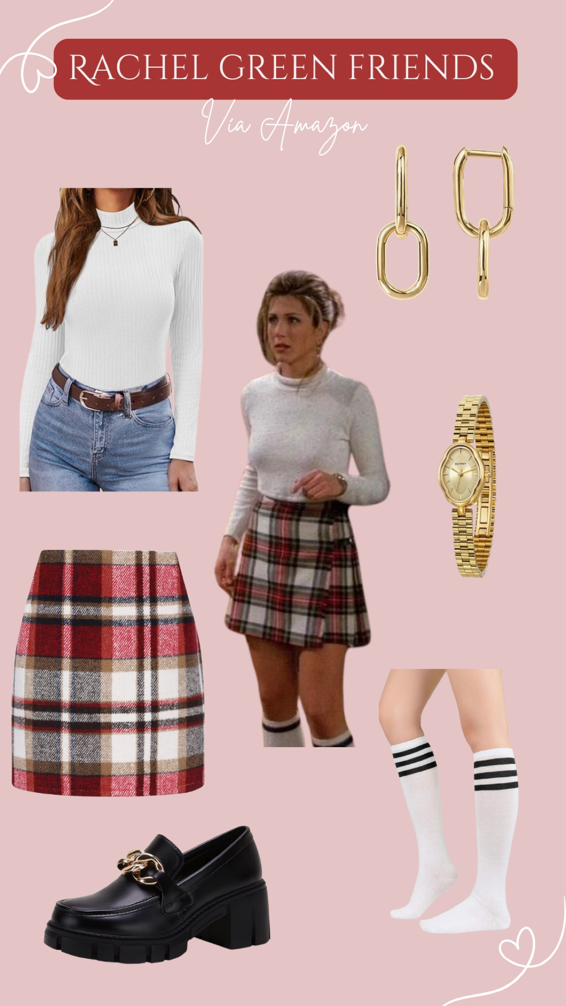 Rachel Green Friends ♥️
Friends, 90’s, tv show, white turtle neck, plaid skirt, leather loafers, knee high socks, gold earrings, gold watch, y2k, amazon, icon, fashion, trending, clean girl, boss babe

#LTKsalealert #LTKSeasonal #LTKstyletip