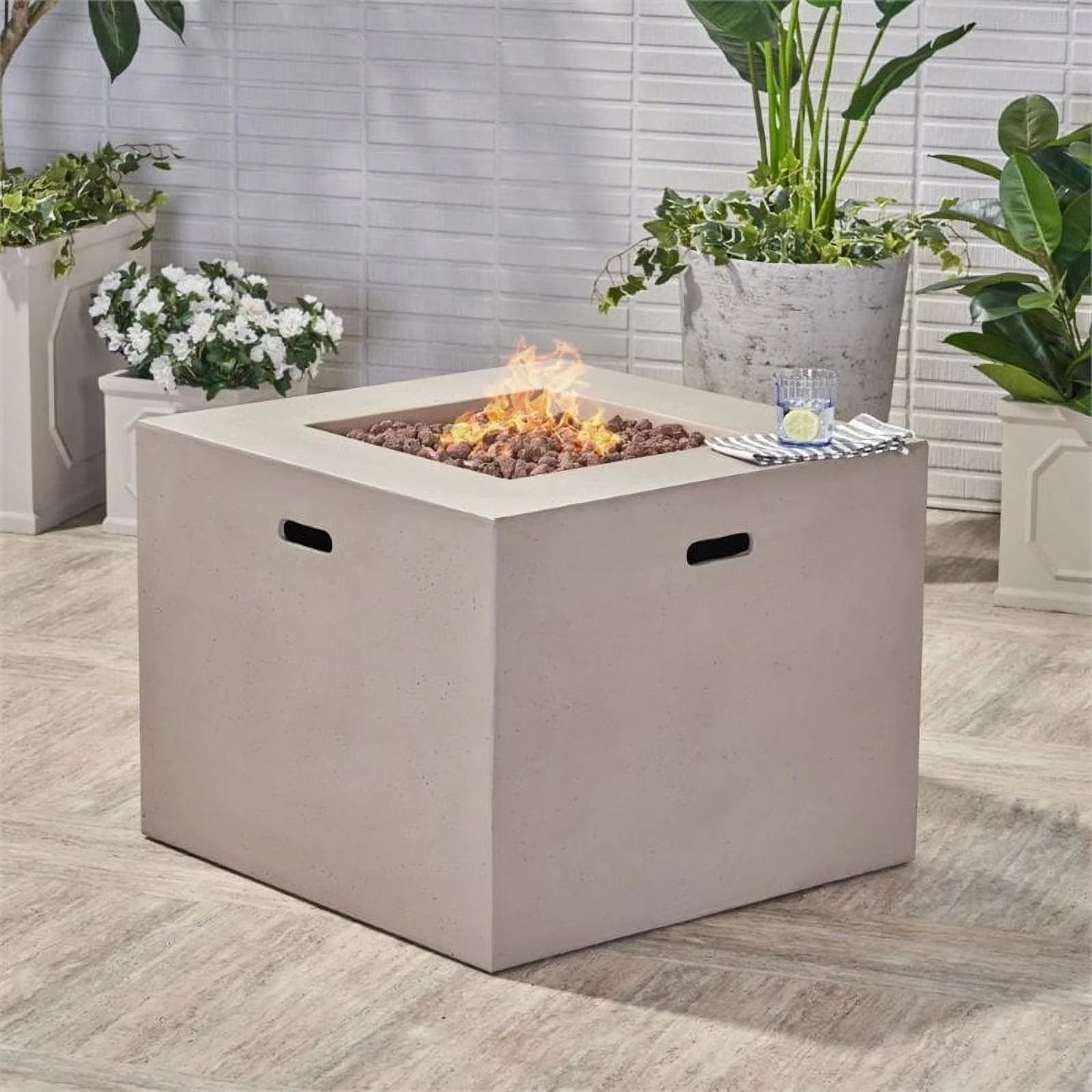 Alison Outdoor 31" Light Weight Concrete Square Gas Burning Fire Pit, Light Gray | Walmart (US)