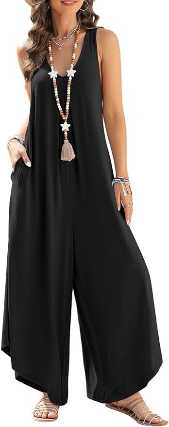 Happy Sailed Womens Overall Jumpsuits Summer Sleeveless Ruched V Neck Flared Wide Leg Pants Rompe... | Amazon (US)