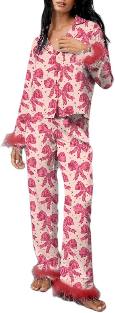Valentine 's Day Feather Pajamas for Women 2 Piece Silk Satin Heart Print Shirt Pants Pjs Galenti... | Amazon (US)