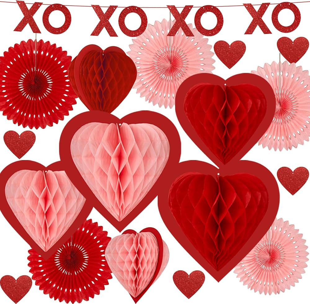 18Pcs Blush Pink Red Valentine's Day Party Decoration Pom Pom, Love Heart Tissue Paper Honeycombs... | Amazon (US)