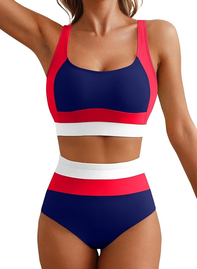Herseas Women 2 Piece High Waisted Bikini Sets Colorblock Sporty Swimsuits Wide Straps Bathing Su... | Amazon (US)