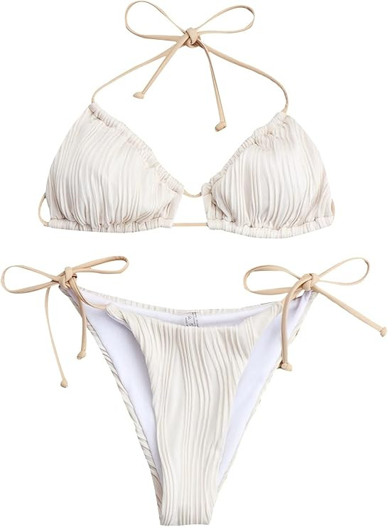 WDIRARA Women's Halter Triangle Tie Side Bikini Set Swimsuit Two Piece Bathing Suits | Amazon (US)