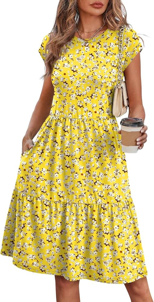 Summer Dresses for Women 2026 Cap Sleeve Casual Sundresses Floral Tiered Swing Fashion Beach Vaca... | Amazon (US)