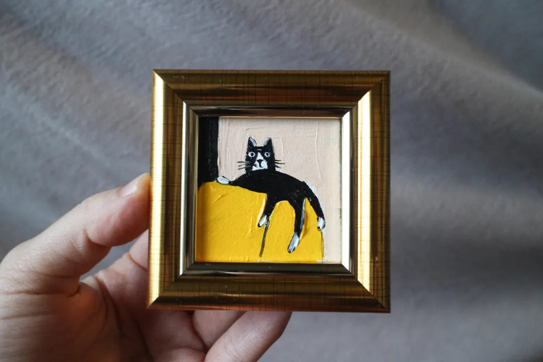 Mini Painting a Black Cat Shares the Back of a Chair Oil Painting Framed 2x2 in Original Handmade... | Etsy (US)