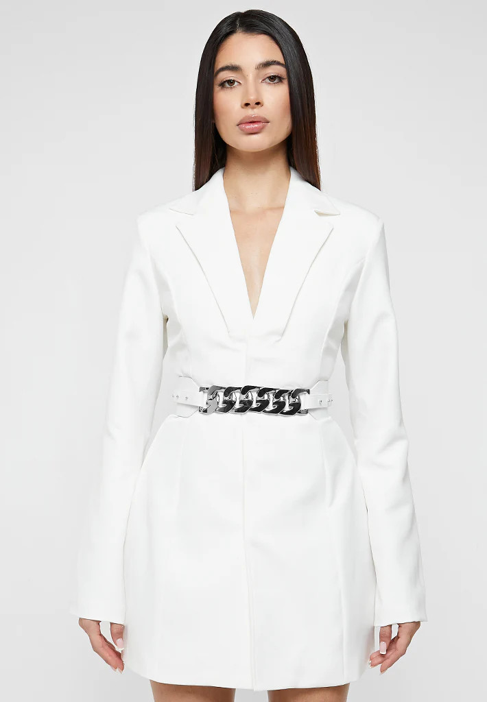 Chain Belted Blazer Dress - White | Maniere De Voir