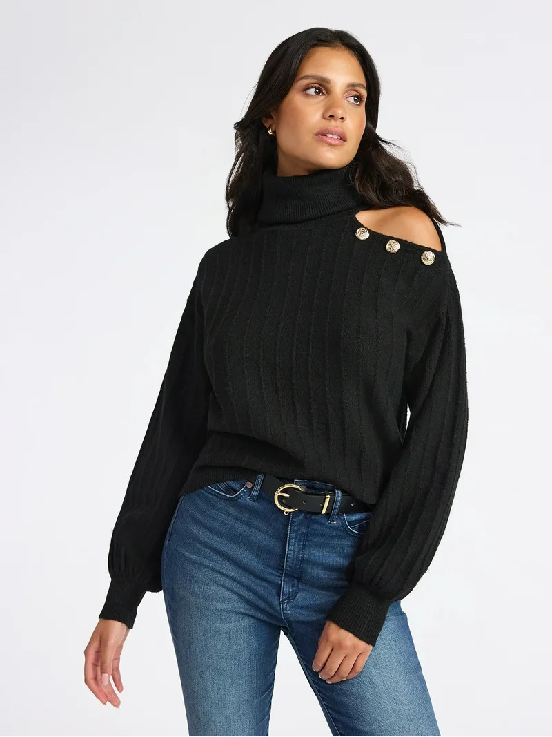 Sofia by Sofia Vergara Women's Mock Neck Button Pullover Sweater, Mid Weight, Sizes, XS-XXXL | Walmart (US)