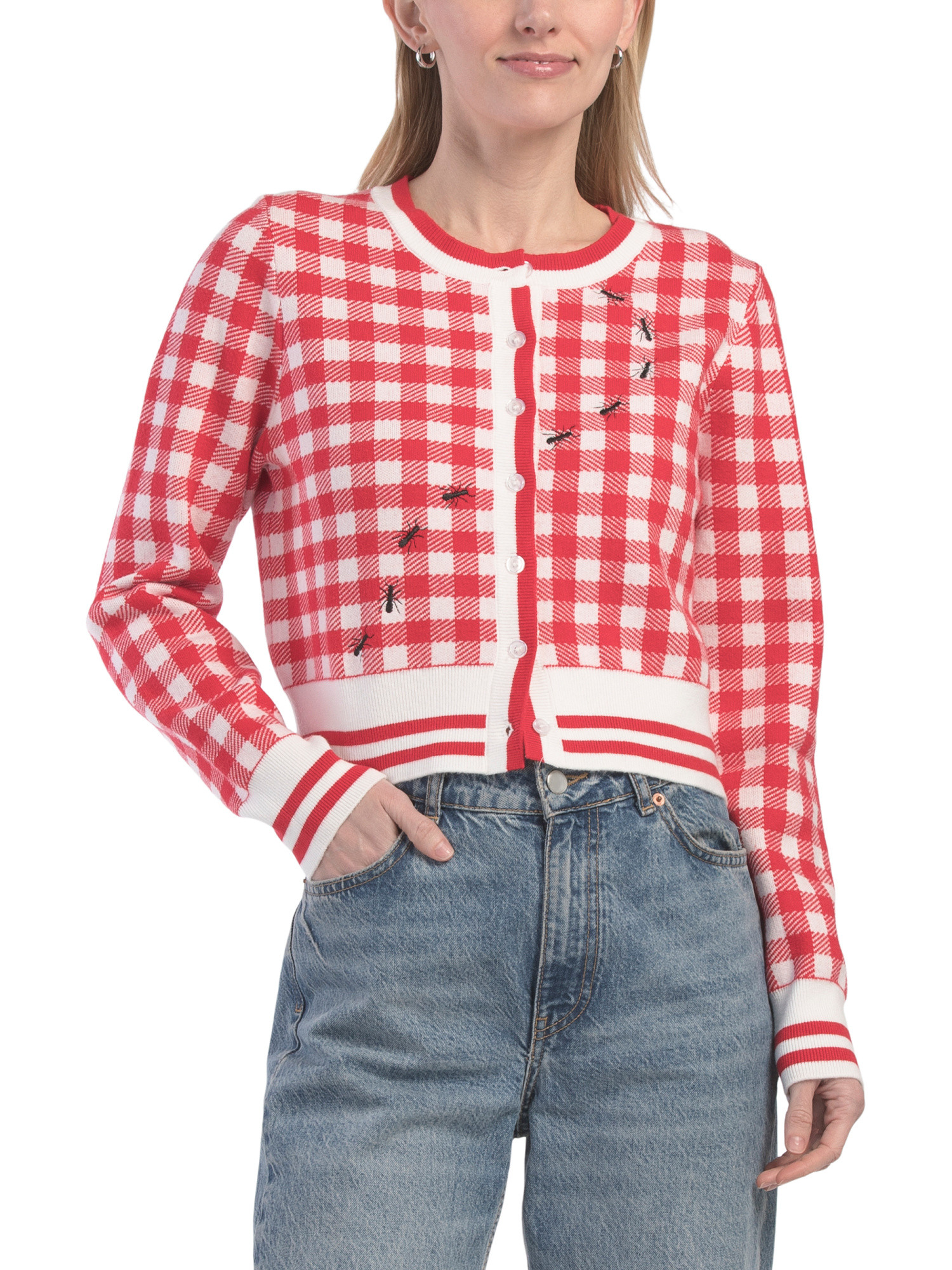 Ants Gingham Embroidered Cardigan | TJ Maxx