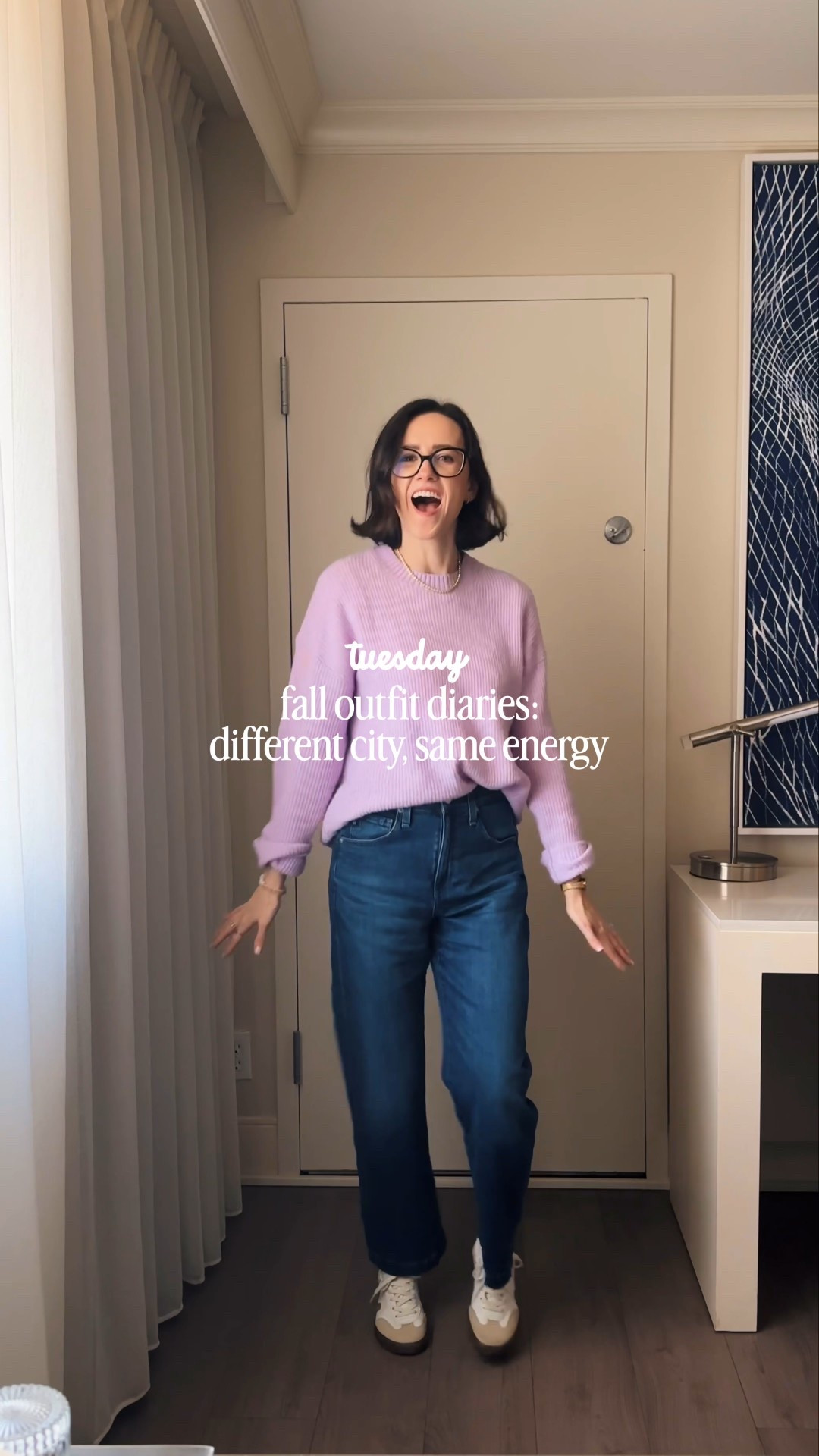 another work trip, another daily dance 🫶🏻 this lavender sweater has become one of my favorites! I wore it in Mexico City last week & had to bring it with me to California 💜 wearing an XS and it’s under $60! 

#LTKFindsUnder100 #LTKStyleTip