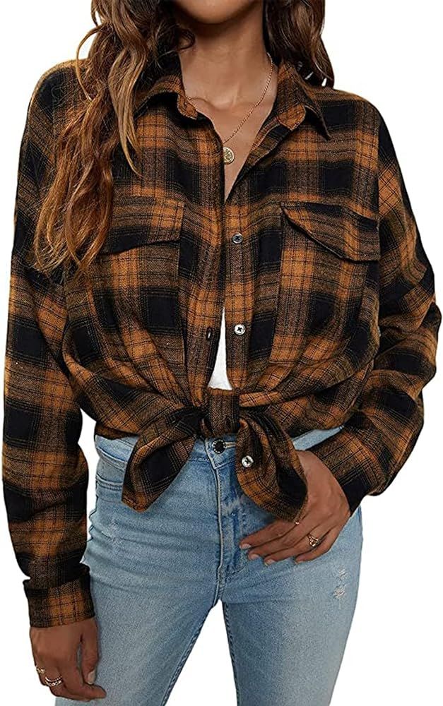 INIBUD Women's Flannel Button Down Plaid Shirts with Pockets Long Sleeve Lapel Tops Casual Shacket | Amazon (US)