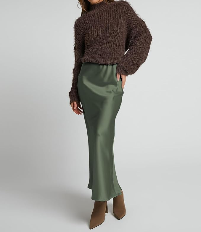 Women's Satin Silky High Waist Maxi Skirt Elegant Elastic Waistband A Line Long Skirts | Amazon (US)