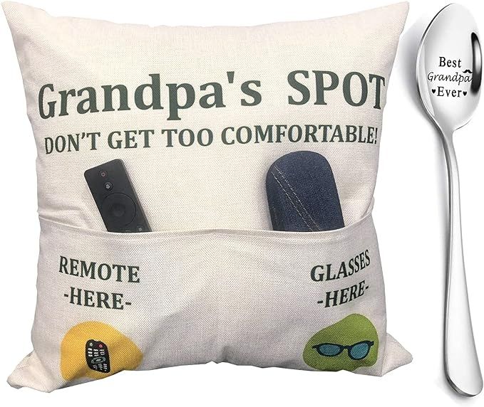 ZUYUROU Grandpa Gifts,2-Pocket Grandpa’s Spot Throw Pillow Covers 18x18 Inch + Engraved Spoon, ... | Amazon (US)