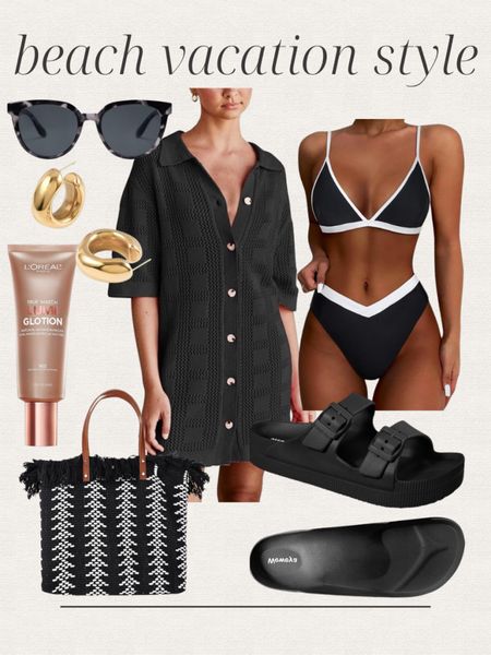 Beach Vacation Style Inspo, daily Amazon finds, black bikini, swimsuit coverup, black sunglasses, sandals, tote bag, beach bag, gold earrings, summer outfit 

#LTKSwim #LTKStyleTip #LTKFindsUnder50