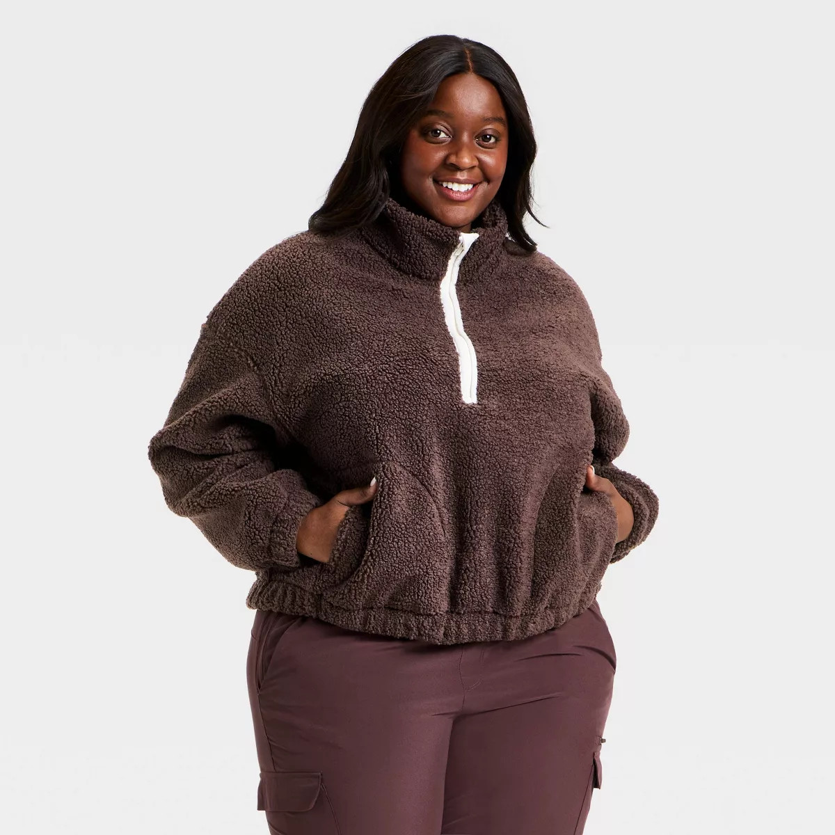 Women's High Pile Fleece 1/2 Zip Pullover Jacket - All In Motion™ Brown 4X | Target