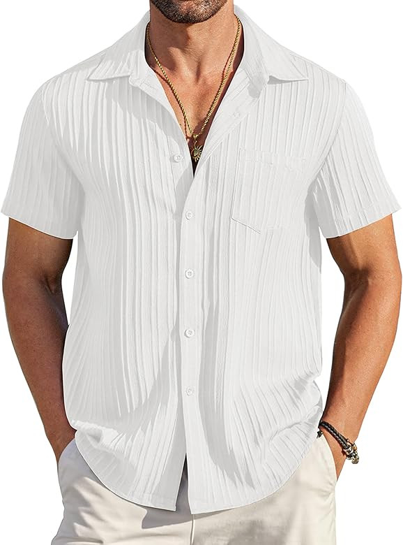 COOFANDY Men's Casual Button Down Shirts Short Sleeve Textured Summer Beach Shirt with Pocket | Amazon (US)