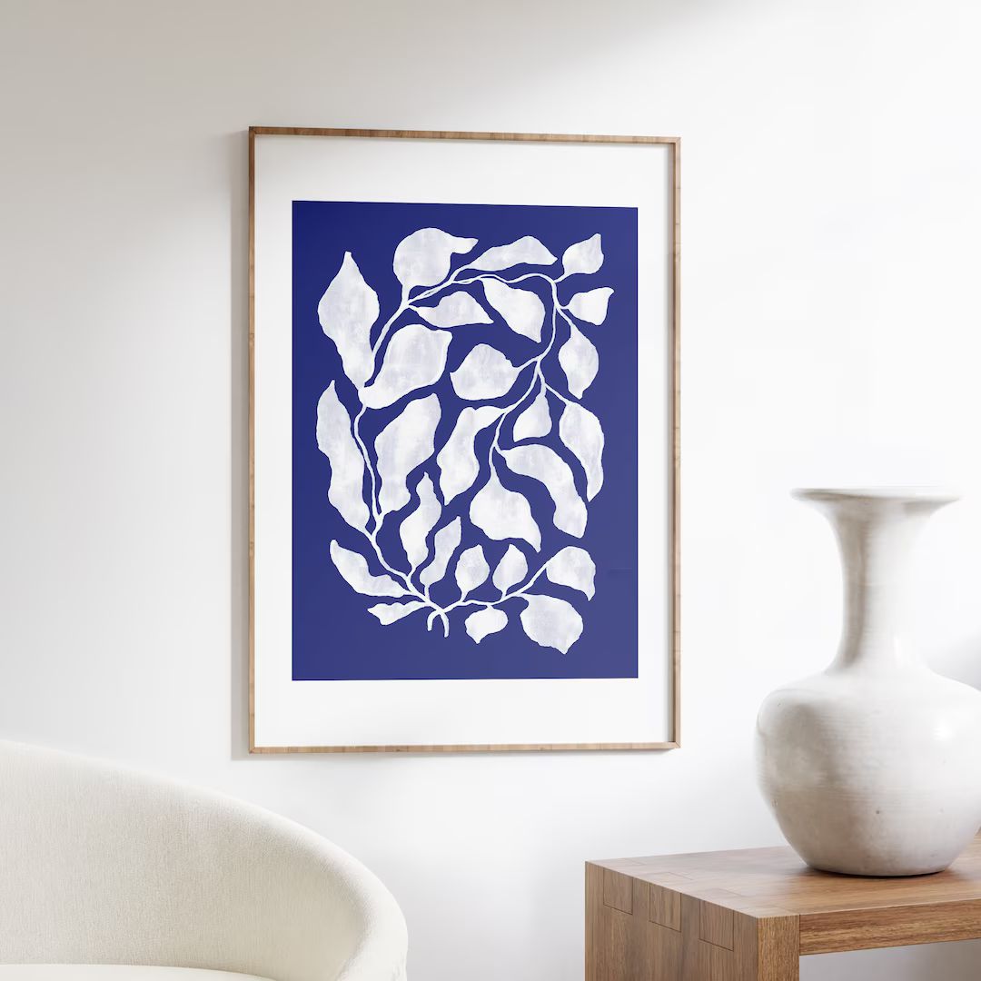 Blue Botanical Art Print, Leaves Wall Art, Plant Wall Decor, Mid Century Wall Art, Downloadable P... | Etsy (US)