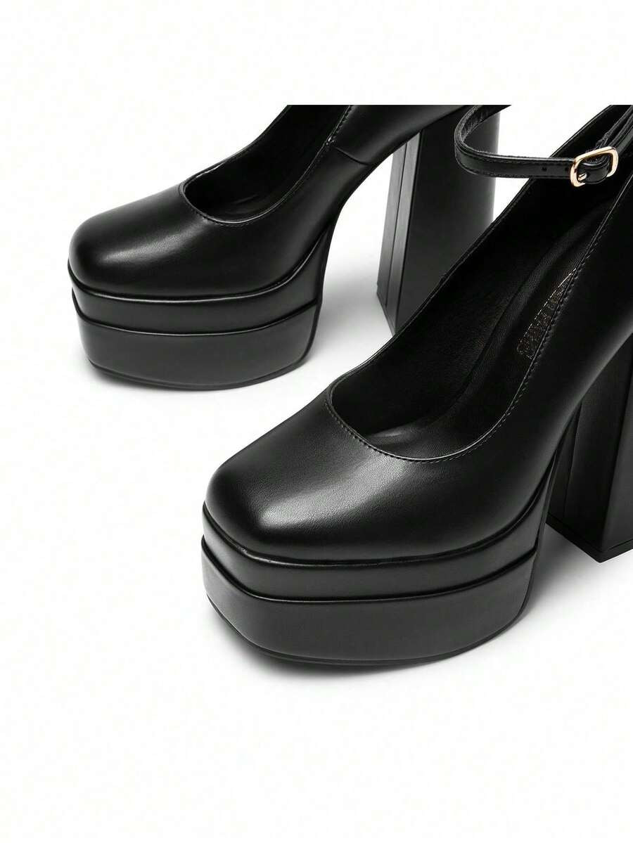 LocalWomen's High Chunky Platform Square Toe Heels Pumps Closed Toe Block Ankle Strap Solid Color... | SHEIN
