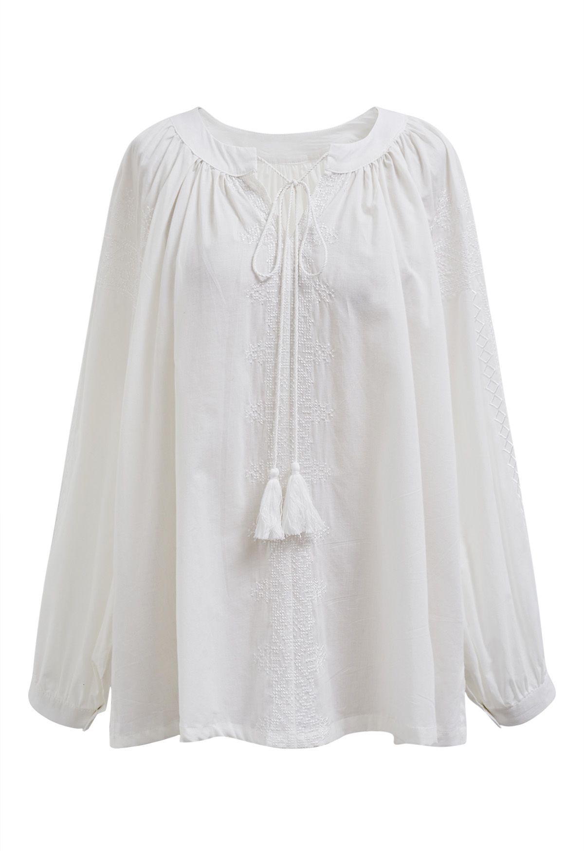Tassel String Embroidered Cotton Top in White | Chicwish