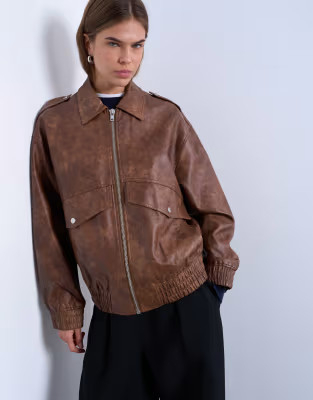 Topshop faux leather bomber jacket in washed brown | ASOS | ASOS (Global)