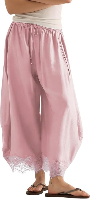 Lviefent Womens Cropped Lace Hem Pants Casual Drawstring Waist Summer Wide Leg Pants Beach Trouse... | Amazon (US)