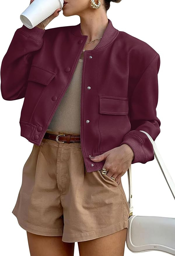 ANRABESS Womens Bomber Jacket Button Cropped Casual Varsity Jackets Shackets Fall Trendy Fashion ... | Amazon (US)