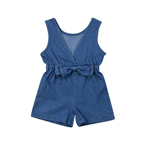 Toddler Baby Girl Clothes Denim Pocket Romper Short Sleeve Drawstring Jumpsuit One-Piece Coverall (Blue- Denim Sleeveless, 2-3 Years) | Amazon (US)