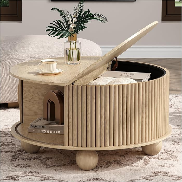 Round Coffee Table with Storage, 31.5" Mid Century Modern Coffee Table with Sliding Door & Bun Fe... | Amazon (US)
