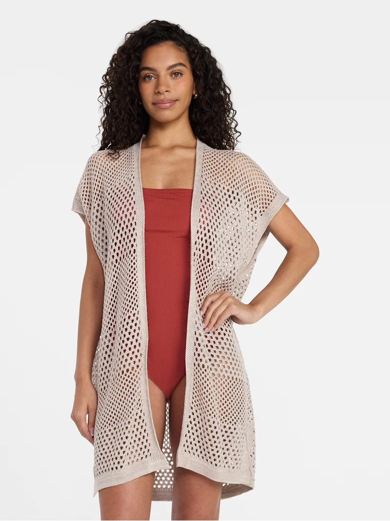 Time and Tru Women's Openwork Knit Coverup, Size S/M, True Taupe/Khaki Safari | Walmart (US)