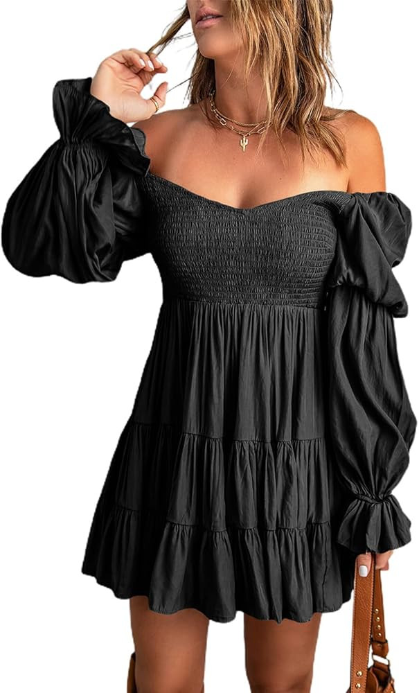 Dokotoo Womens 2022 Spring Elegant Off The Shoulder V Neck Long Sleeve Ruffle Flowy Mini Short Sk... | Amazon (US)