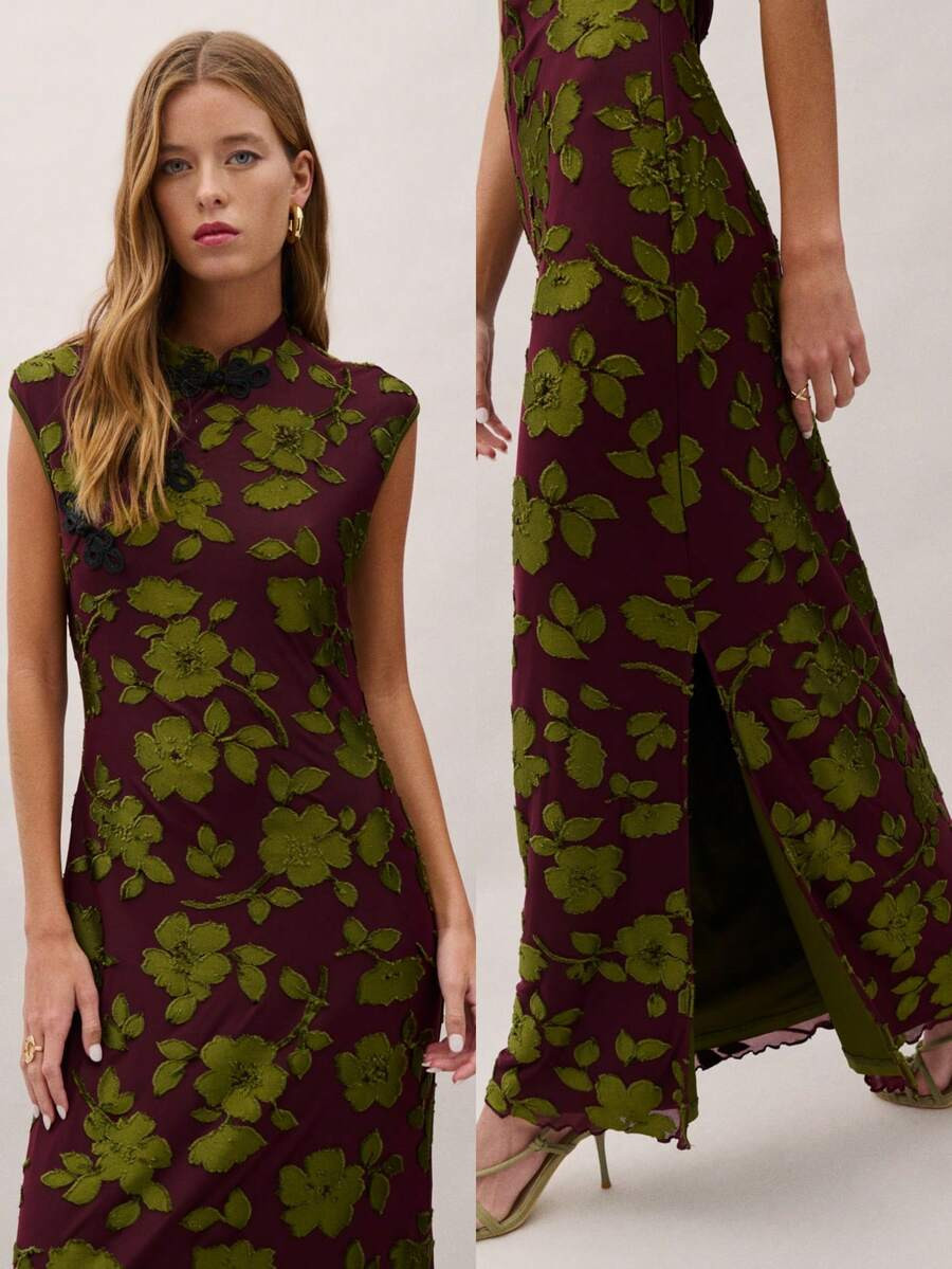 Nöista New Chinese-Style Sleeveless, Fitted Long Cheongsam-Inspired Dress Features A Deep Purpli... | SHEIN