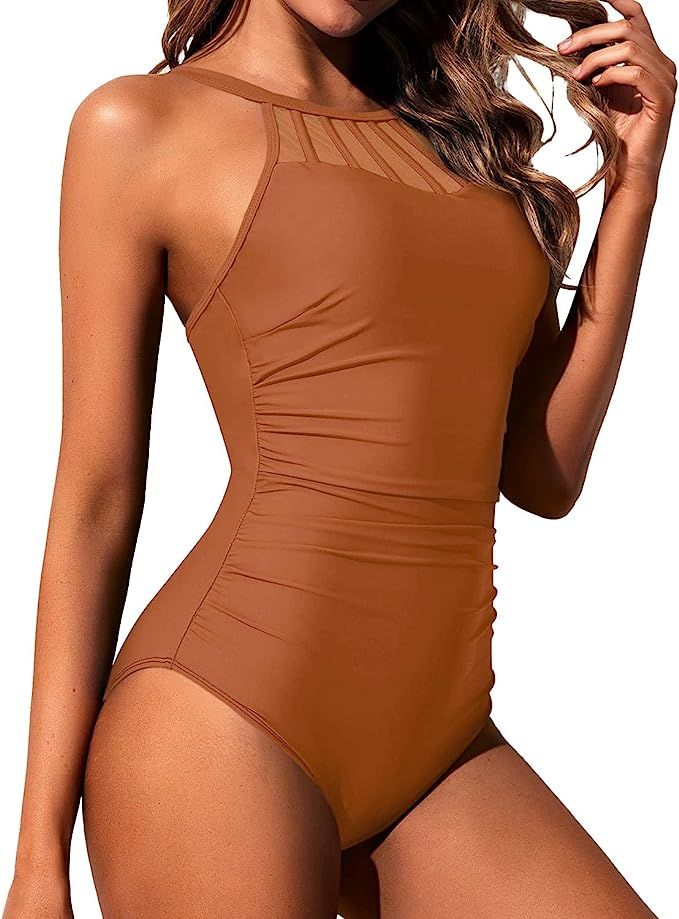 Holipick Women High Neck One Piece Swimsuit Tummy Control Halter Slimming Bathing Suit Mesh Swimw... | Amazon (US)