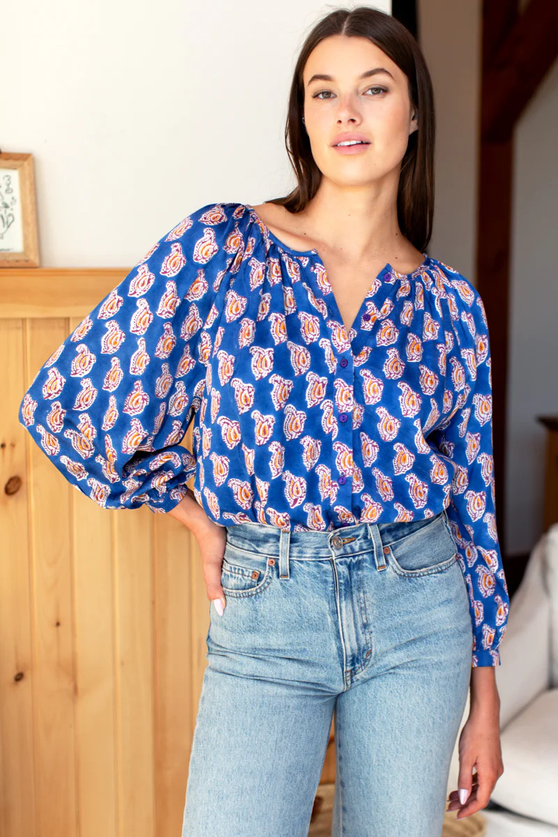 Frances Blouse - Blue Paisley Flower Satin | Emerson Fry