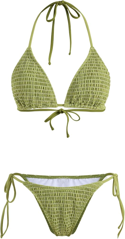 CIDER Solid Smocked Triangle Bikini Set | Amazon (US)
