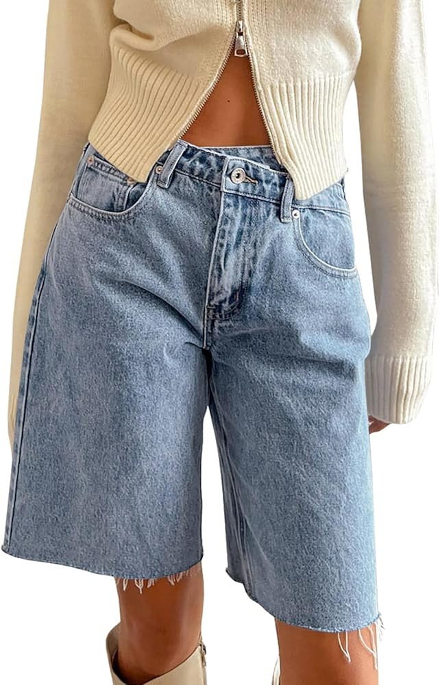 DSORVICD Long Jean Shorts for Women Baggy Crossover Low Rise Denim Bermuda Shorts Raw Hem Denim S... | Amazon (US)