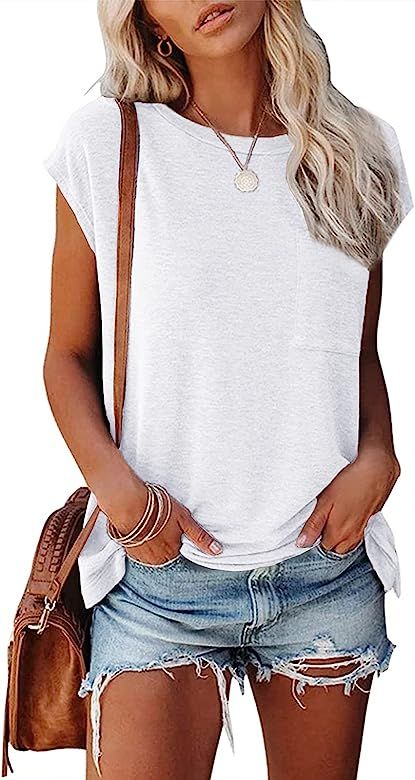 Hount Women's Short Sleeve Crewneck Tops Summer Casual Loose T Shirts Tee with Pocket | Amazon (US)