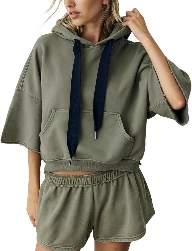 Megfie Womens Cropped Three Quarter Sleeve Hoodie Contrast Drawcord | Amazon (US)
