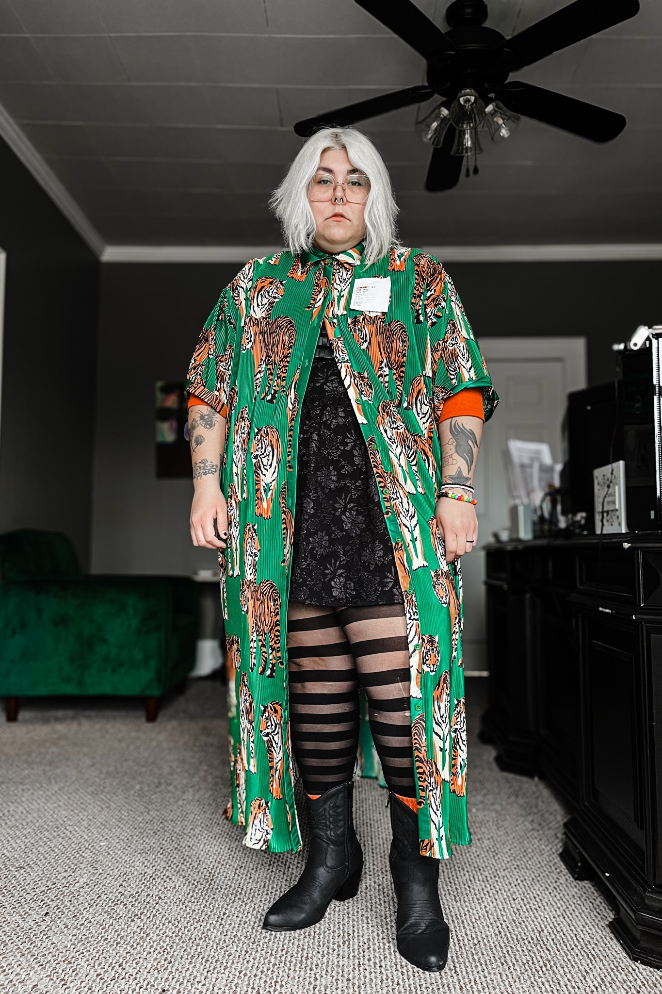 Black Dress: Shein 
Tiger Dress: Dressed in Lala 
Tights: Snagtights (size G) 
Orange shirt: Shein 
Shoes: Amazon 

#LTKstyletip #LTKplussize #LTKmidsize