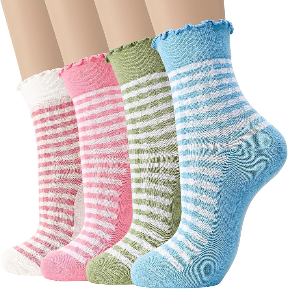 4 Pairs Cute Women Ruffle Socks, Retro Frilly Checkered Striped Cotton Ankle Socks for Women Casu... | Amazon (US)