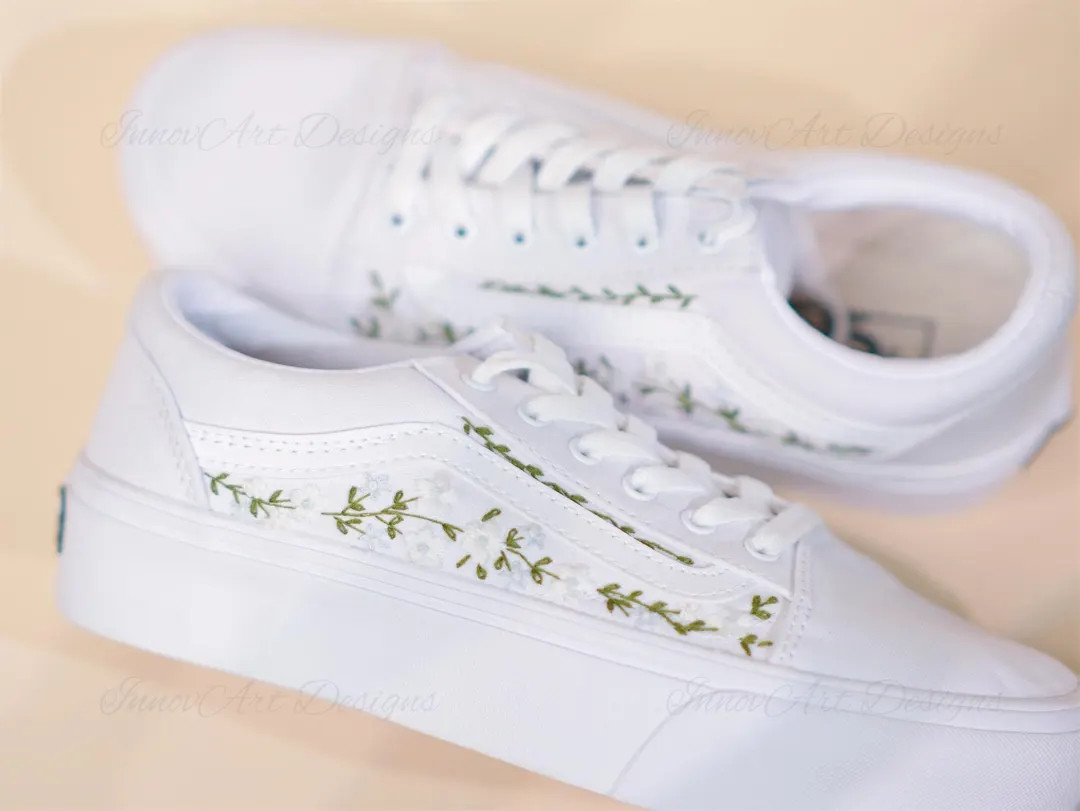Bridal Flowers Embroidered Vans Wedding, Custom Vans Embroidered Flowers, Blue Flowers Embroidere... | Etsy (US)